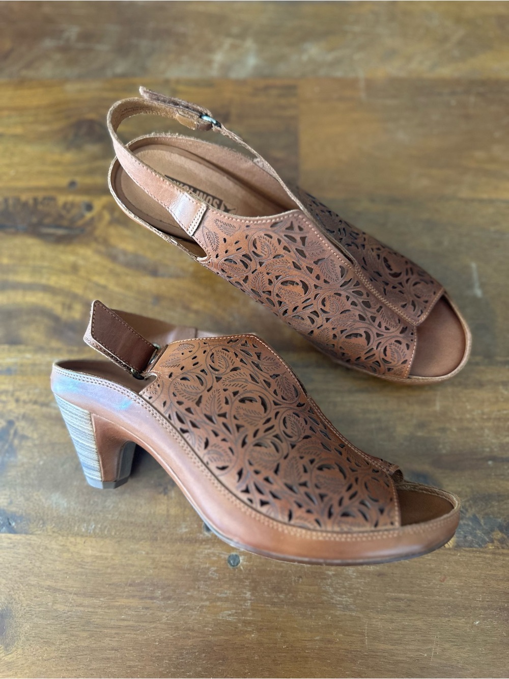 Pikolinos Java Women's Tan Laser-Cut Peep-Toe Slingback Heels size 40
